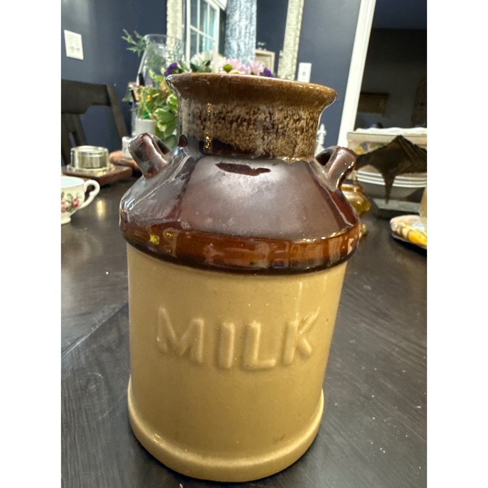 Vintage Enesco Ceramic Milk Jug Vase Brown Tan Stoneware Farmhouse Crock 6.5in